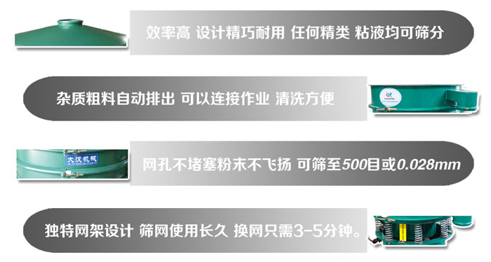 直徑1000mm振動篩的特點(diǎn)：效率高，設(shè)計(jì)精巧耐用，任何精類，粘液均可篩分，雜質(zhì)粗料自動排出，可以連接作業(yè)，清洗方便。網(wǎng)孔不堵塞粉末不飛揚(yáng)，可篩至500目或0。028mm篩網(wǎng)使用長久，換網(wǎng)只需3-5分鐘。
