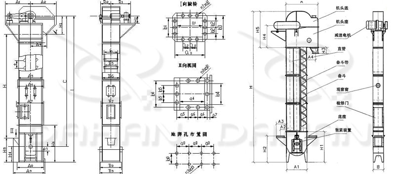 TD/D型斗式提升機(jī)基本結(jié)構(gòu):機(jī)頭蓋，機(jī)頭座，減速電機(jī)，直管，底座，緊張裝置等。