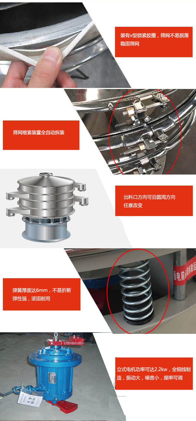 裝有V型鎖緊膠圈，使篩網(wǎng)不易脫落穩(wěn)固篩網(wǎng)，篩網(wǎng)鎖緊裝置，全自動(dòng)拆裝，出料口方向可沿圓周方向任意改變。彈簧厚度達(dá)6mm，不易折斷，彈性強(qiáng)，堅(jiān)固耐用。專業(yè)的振動(dòng)電機(jī)，全銅線制造，振動(dòng)大，機(jī)械噪音小，頻率可調(diào)。產(chǎn)品對(duì)比:材質(zhì)：大漢振動(dòng)篩廠家采用304不銹鋼材質(zhì)耐腐蝕性，耐熱性強(qiáng)。個(gè)別廠家采用其它金屬材質(zhì)，耐腐蝕性，耐熱性差蒸發(fā)緩慢，烘干效率較低。大漢振動(dòng)篩廠家采用金屬編織網(wǎng)，篩分精度高，效率高，篩網(wǎng)利用率高。