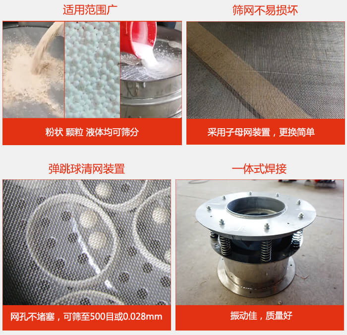 食品振動(dòng)篩特點(diǎn)：1，效率高？：效率高，設(shè)計(jì)精巧耐用，任何粉類，粘液軍可篩分。2，操作簡(jiǎn)單采用優(yōu)質(zhì)材料，換網(wǎng)容易，操作簡(jiǎn)單，清洗方便。3，網(wǎng)孔不堵塞粉末不飛揚(yáng)，可篩至500目或0.028mm4，精細(xì)做工產(chǎn)品經(jīng)過(guò)嚴(yán)格加工程序，做工精細(xì)美觀耐用。5，獨(dú)特網(wǎng)架設(shè)計(jì)篩網(wǎng)使用時(shí)間長(zhǎng)久，換網(wǎng)只需3-5分鐘。
