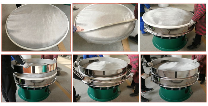 食品振動(dòng)篩網(wǎng)安裝步驟3，將密封圈安裝到網(wǎng)架周圍，將篩框放到網(wǎng)架上，并利用束環(huán)將上下兩層篩框固定在一起。