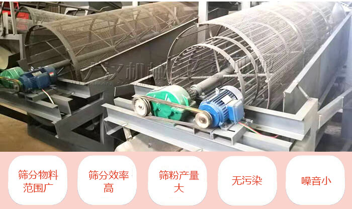 滾筒篩分機(jī)主要特點(diǎn)：篩分物料范圍廣，篩分效率高，篩分產(chǎn)量大，無(wú)污染，噪音小。