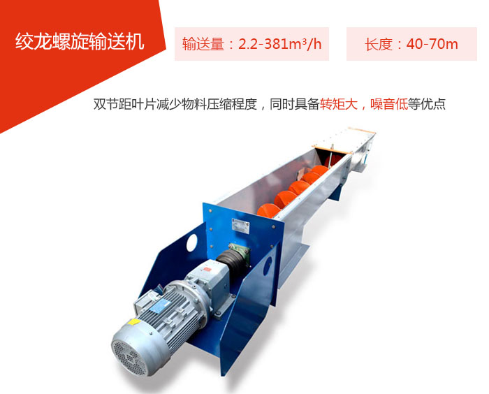 絞龍螺旋輸送機輸送量：2.2-381m3/h 長度：40-70m 雙節(jié)距葉片減少物料壓縮程度，同時具備轉(zhuǎn)矩大，噪音低等優(yōu)點。