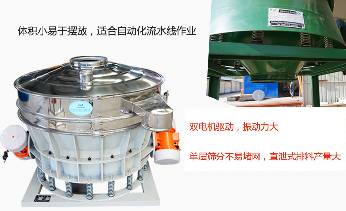 雙電機驅動，振動力大，單層篩分不易堵網，直泄式排料產量大