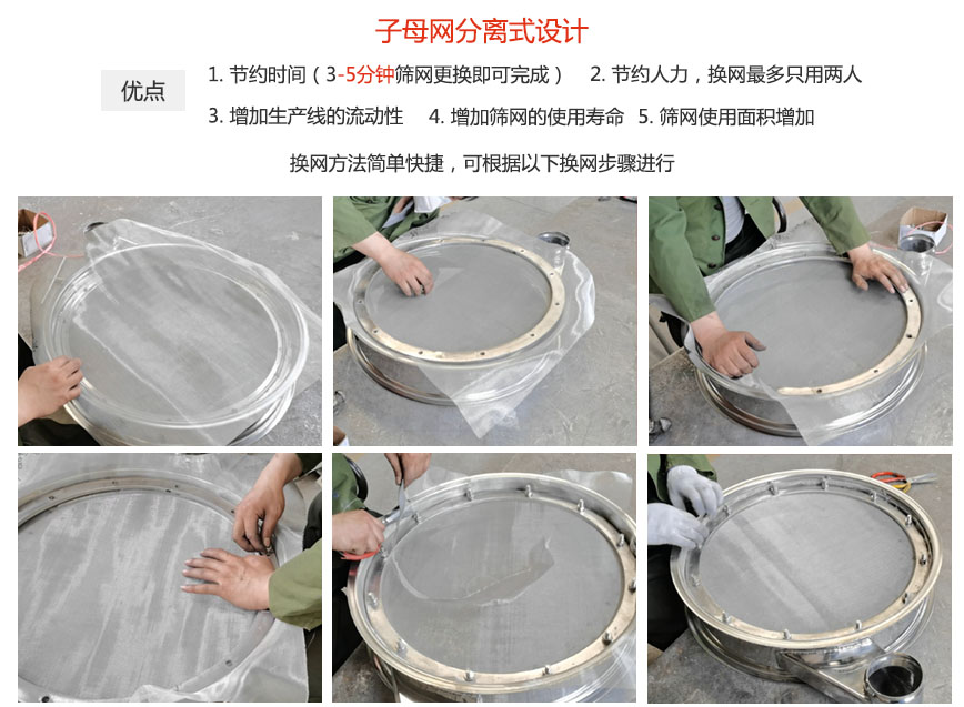 大漢振動(dòng)機(jī)械換網(wǎng)優(yōu)勢(shì)：1，節(jié)省時(shí)間（3-5分鐘篩網(wǎng)更換即可完成）2，節(jié)省人力，換網(wǎng)只有兩人。3.增加生產(chǎn)線的流暢性。4.增加篩網(wǎng)壽命，彈跳球不直接撞擊子網(wǎng)。5.篩網(wǎng)使用面積增加。