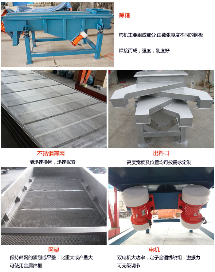 520型直線振動篩結構：篩箱：篩機主要組成部分，由數(shù)張厚度不同的鋼板焊制而成，強度，剛度好。不銹鋼篩網：能迅速換網，迅速張緊。電機：雙電機大功率，定子全銅線繞組，激振力可無極調節(jié)。網架：保持篩網的緊繃和平整，比重大或產量大時可使用金屬篩框。出料口：高度寬度及位置均可按照用戶的要求來定制。