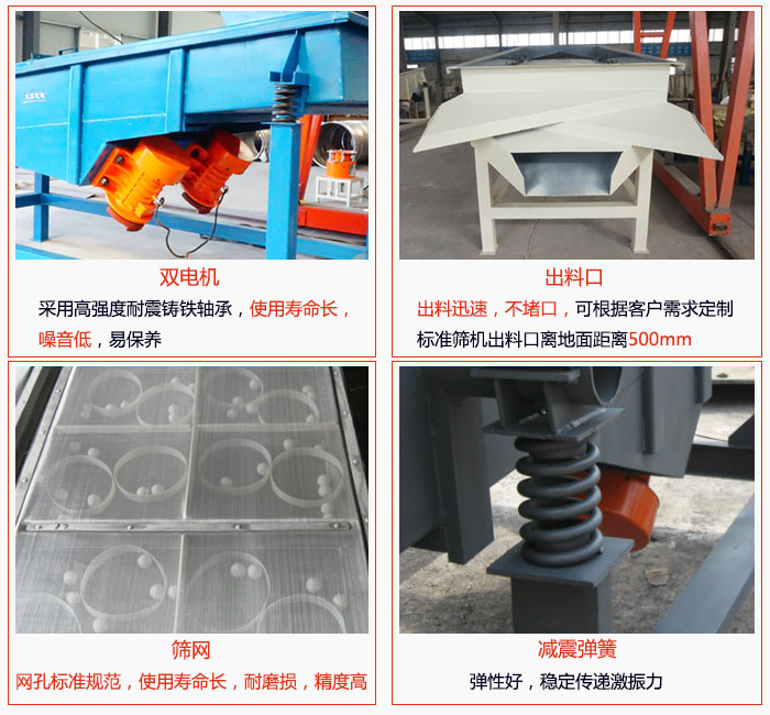 1030直線振動(dòng)篩雙電機(jī)采用高強(qiáng)度耐震鑄鐵軸承使用壽命長(zhǎng)、噪音低，易保養(yǎng)；出料口排料迅速，不堵口，可根據(jù)客戶需求定制，標(biāo)準(zhǔn)機(jī)器出料口離地面距離500mm;篩網(wǎng)網(wǎng)孔標(biāo)準(zhǔn)規(guī)范、使用壽命長(zhǎng)，耐磨損、精度高；減震彈簧：彈性好，穩(wěn)定傳遞激振力。
