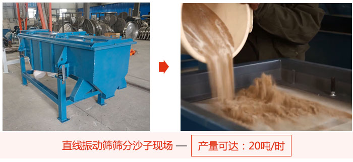 直線振動篩篩分沙子現(xiàn)場展示，產(chǎn)量高達20噸每小時。