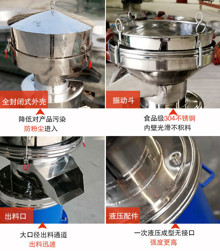 450過濾篩機結(jié)構(gòu)組成：全封閉式外殼設(shè)計：對產(chǎn)品的污染低，防塵粉進入電機內(nèi)部延長設(shè)備壽命。振動斗：食品304不銹鋼篩斗，內(nèi)壁光滑不存在積料現(xiàn)象。出料口，大口徑出料通道，出料迅速，提高工作效率。液壓配件：一次液壓成型無接口強度更高。