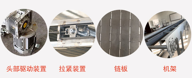 鏈板輸送機(jī)結(jié)構(gòu)：頭部驅(qū)動裝置，拉緊裝置，鏈板，機(jī)架等圖片展示