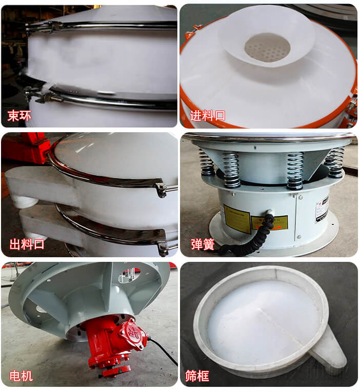 塑料防腐蝕振動(dòng)篩細(xì)節(jié):進(jìn)料口，框體，網(wǎng)架底框，出料口等。