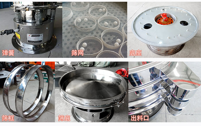 細(xì)節(jié)展示：篩框，篩網(wǎng)，振動底座，振動體，出料口。