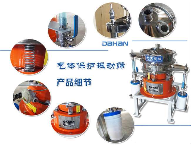 氣體保護振動篩細節(jié)：振動彈簧，手動閥門，料罐等。