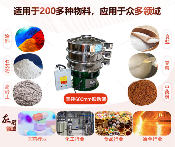 直徑600mm振動(dòng)篩使用的行業(yè):醫(yī)藥行業(yè)，公害處理，食品行業(yè)，化工行業(yè)。