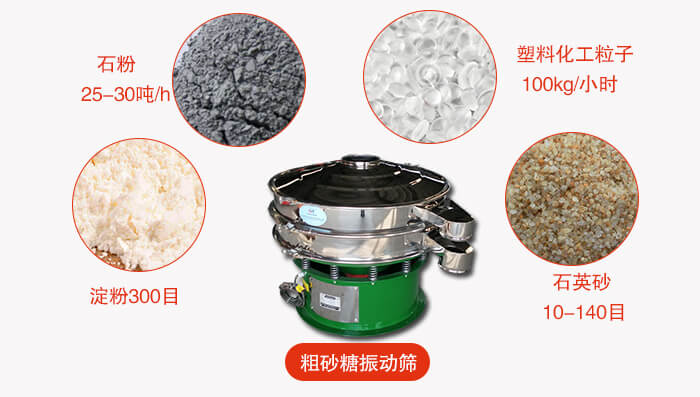 　粗砂糖振動篩更多適用范圍:食品行業(yè)，化工行業(yè)，制藥行業(yè)，行業(yè)，冶金行業(yè)等。